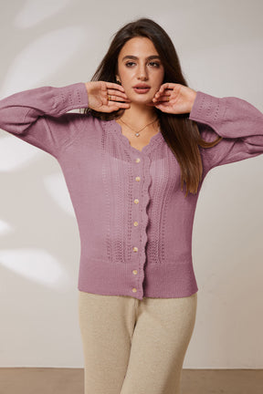 GRACE KARIN Hollowed-out Cardigan Long Sleeve V-Neck Wide Ribbed Hem Sweater