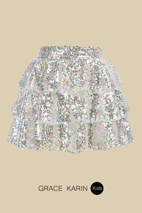 GRACE KARIN Kids Sequined Cake Skirt Little Girls Elastic Waist 3-Layer Mini Skirt