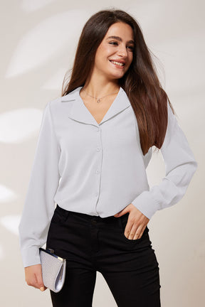 GRACE KARIN Lapel Collar Puffed Long Sleeve Button-up Blouse