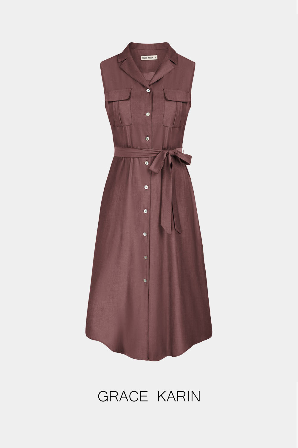 【Only $9.99】GRACE KARIN Lapel Collar Dress with Belt Sleeveless Dress
