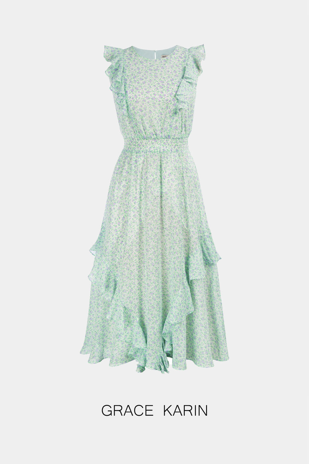 【$19.99 Flash Sale!】GRACE KARIN  Ruffle Decorated Sleeveless Crew Neck  Midi Dress