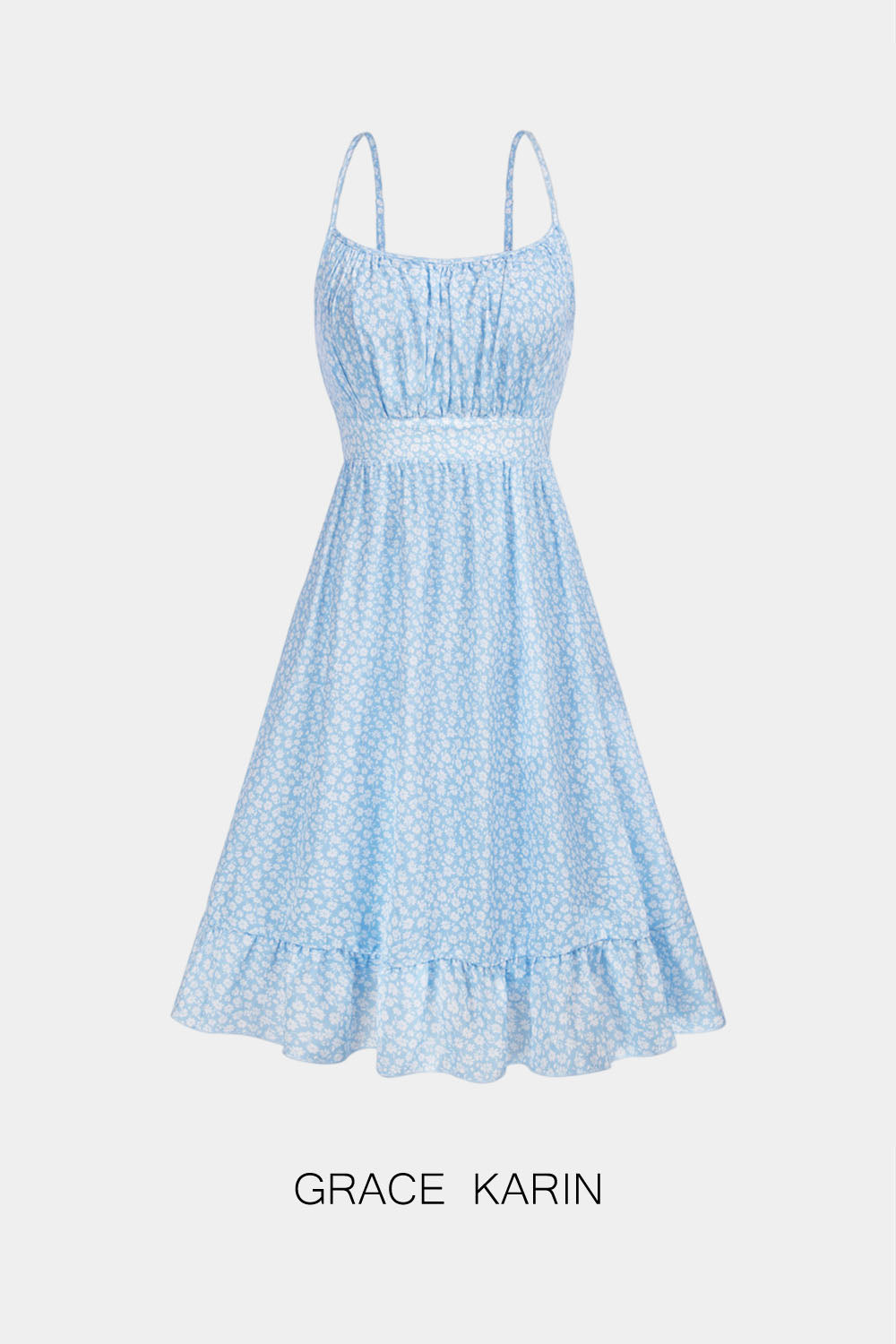 【Only $9.99】GRACE KARIN Women Defined Waist Cami Dress Spaghetti Straps Ruffled Hem A-Line Dress