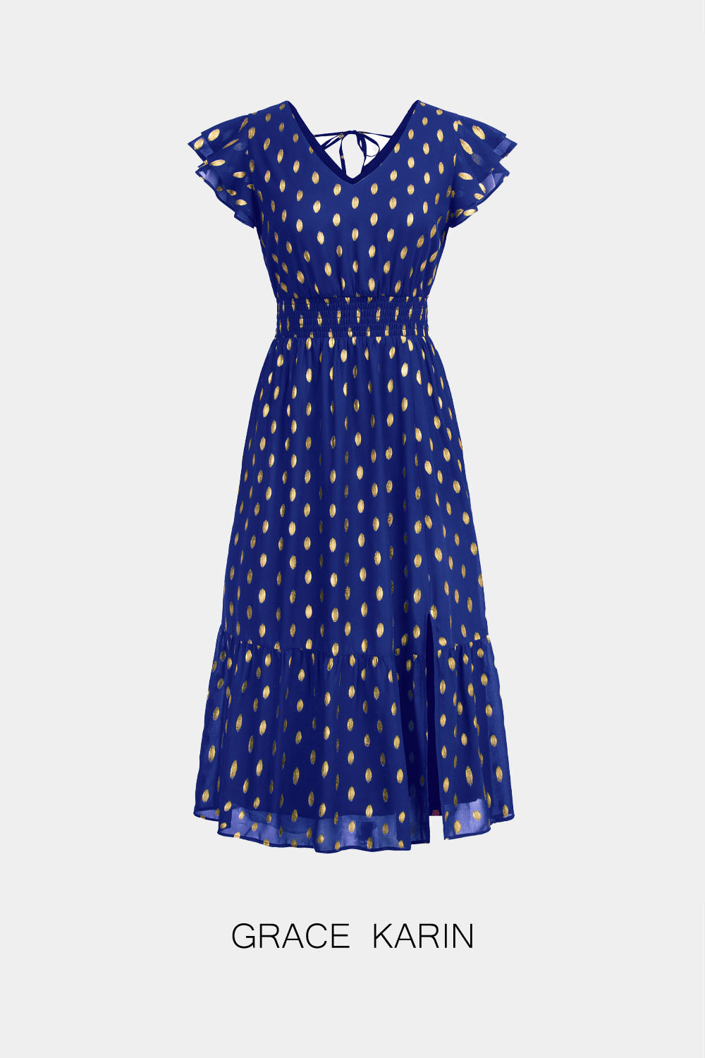 【$19.99 Flash Sale!】GRACE KARIN Smocked Waist Flutter Sleeve V-Neck Front Slit Dress