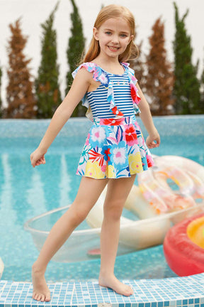 GRACE KARIN Girls Ruffle Floral Bathing Suit One Piece Swimsuits with Headband