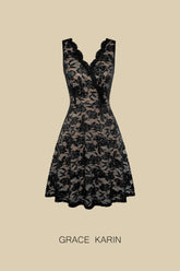 GRACE KARIN V-Neck Lace Sleeveless V-Back Flared A-Line Dress