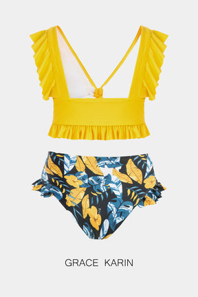 【$19.99 Flash Sale!】GRACE KARIN Women 2pcs Set Swimsuit V-Neck Solid Color Swim Tops+Floral Swim Briefs