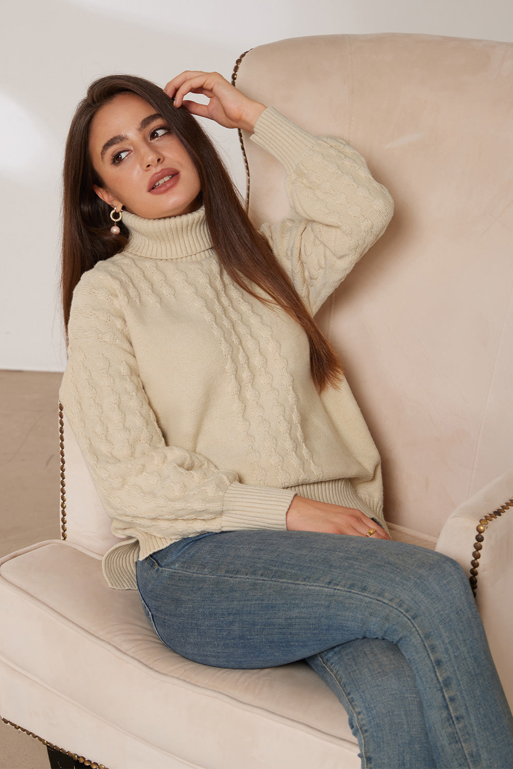 GRACE KARIN Side Slit Turtleneck High-Low Pullover Sweater