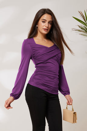 GRACE KARIN Ruched Comfy Casual Long Sleeve Square V-Neck Tops