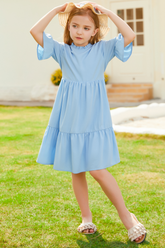 【Only $9.99】GRACE KARIN Kids Bell Sleeve Tiered Dress 1/2 Sleeve Crew Neck V-Back Flared A-Line Dress