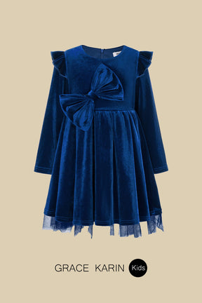 GK Robe de soirée en velours pour enfants, manches longues, col rond, ourlet en tulle, robe trapèze