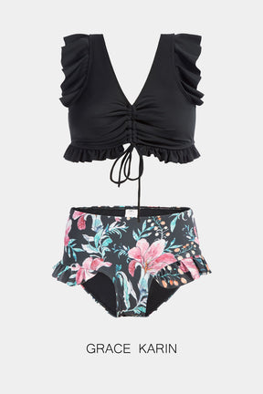【$19.99 Flash Sale!】GRACE KARIN Women 2pcs Set Swimsuit V-Neck Solid Color Swim Tops+Floral Swim Briefs