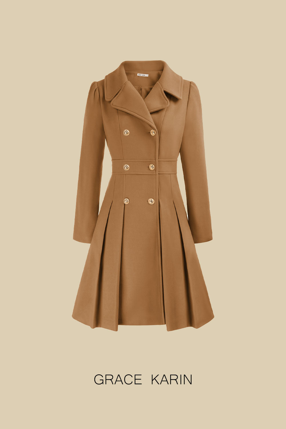 GRACE KARIN Women Double Breasted Overcoat Above Knee Pleated A-Line Wool Blends Coat