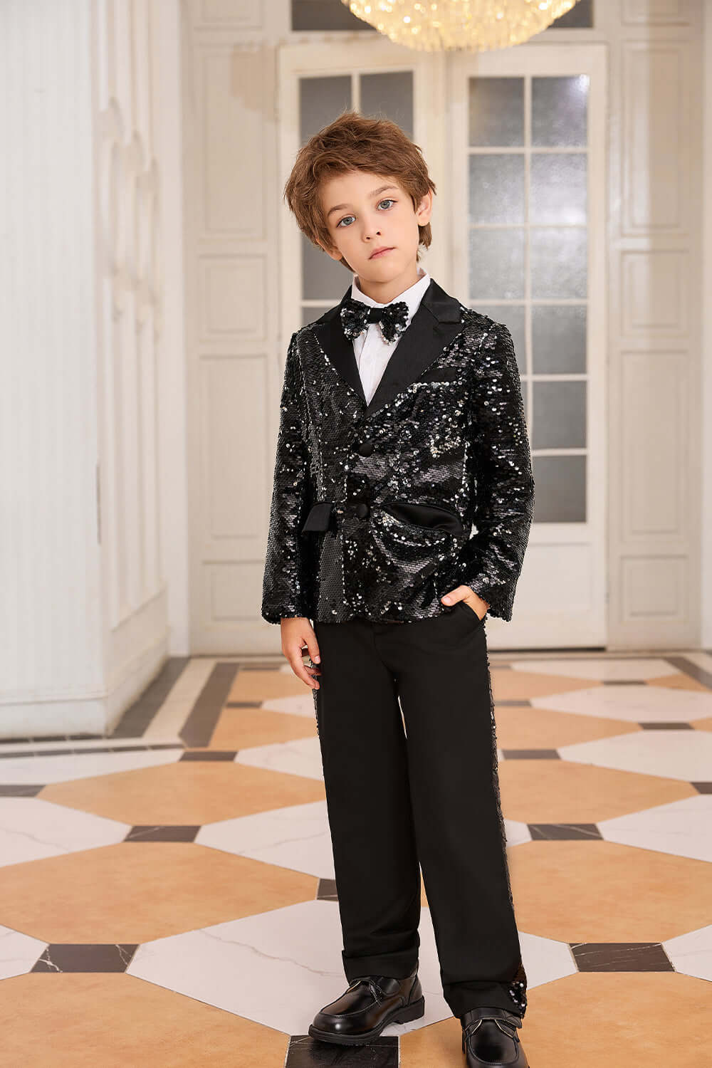 GK Boys Sequined Party Suits Kids Peak Lapel Two-Button Blazer Coat+Pants