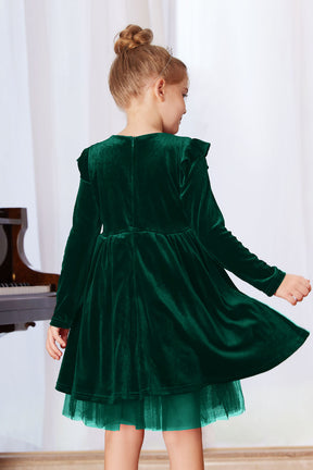 GK Robe de soirée en velours pour enfants, manches longues, col rond, ourlet en tulle, robe trapèze