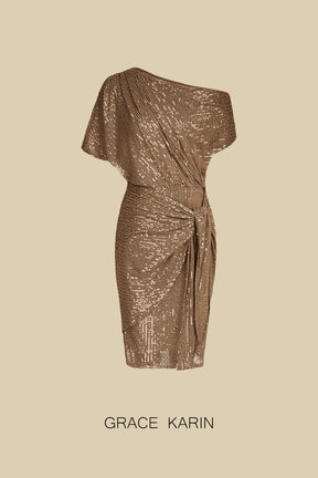 GK Women Sequined Party Dress Short Sleeve Asymmetric Off Shoulder Bodycon Dress