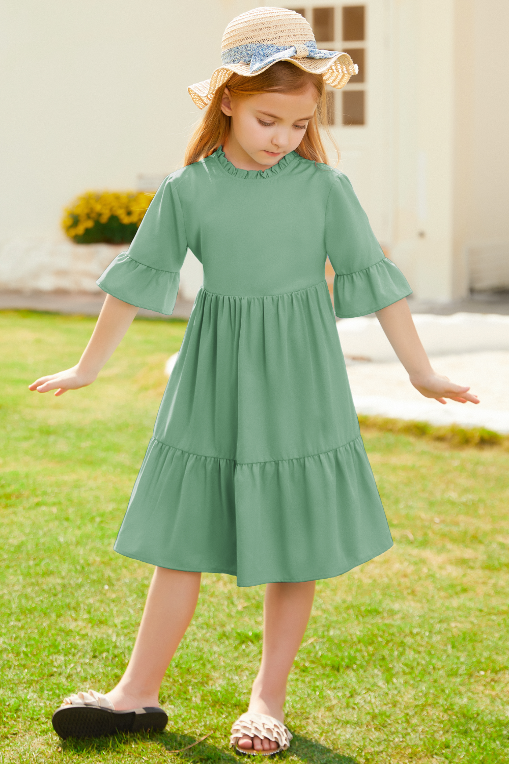 【Only $9.99】GRACE KARIN Kids Bell Sleeve Tiered Dress 1/2 Sleeve Crew Neck V-Back Flared A-Line Dress