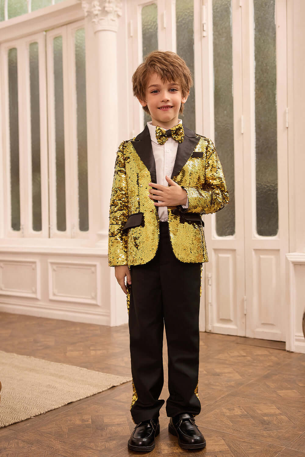 GK Trajes de fiesta con lentejuelas para niños, chaqueta de dos botones con solapa de pico y pantalones