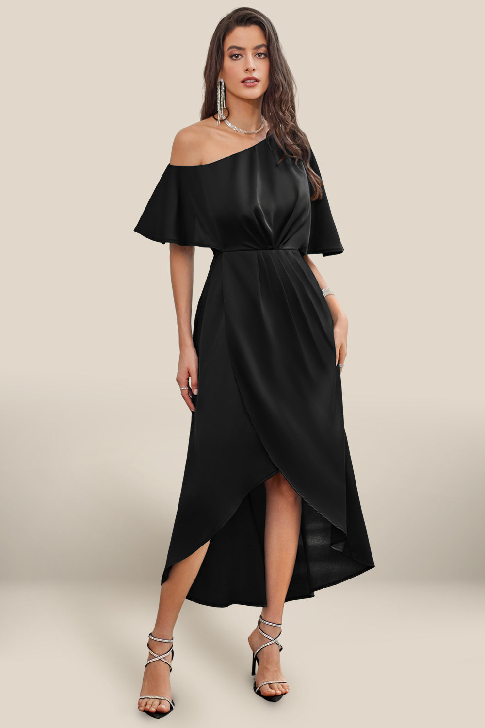 GK Women Wrap Hem Party Dress 1/2 Sleeve One-Shoulder Elastic Waist A-Line Dress