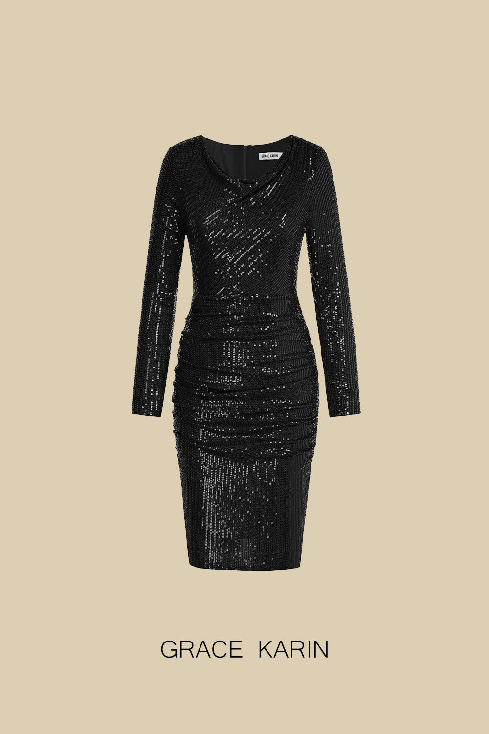 GK Women Sequined Party Dress Long Sleeve Cowl Neck Ruched Bodycon Dress