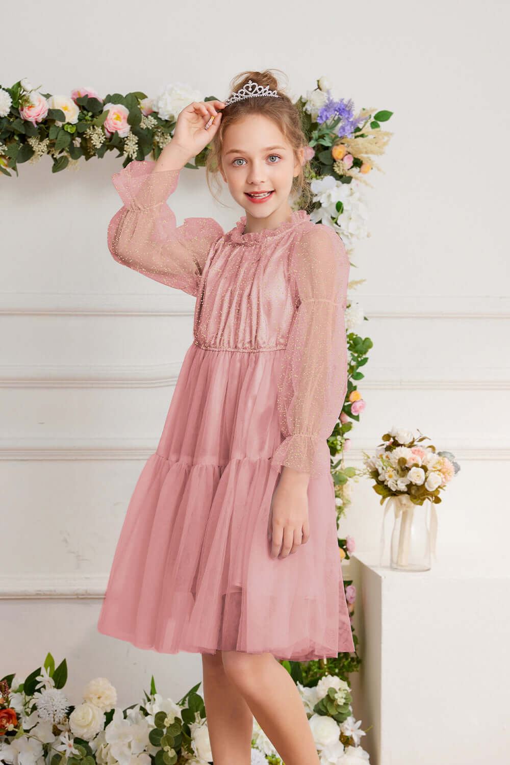 GK Kids Tulle Netting Party Dress Long Virago Sleeves Tiered A-Line Dress