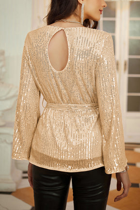GRACE KARIN Hollowed-out Back Long Sleeve Crew Neck Sequined Tops