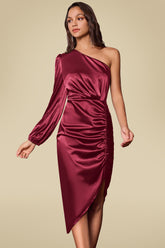 GK Women Irregular Hem Party Dress Asymmetric Long Sleeve Ruched Bodycon Dress