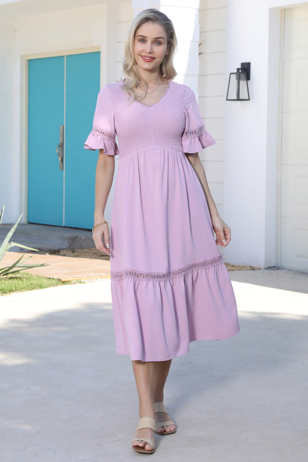 【Only $9.99】GRACE KARIN Smocked Bodice Dress Casual Short Bell Sleeve V-Neck A-Line Dress