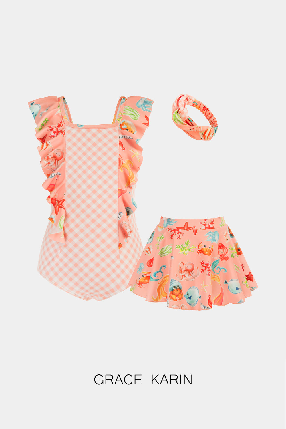 【Solo $9.99】GRACE KARIN Traje de baño floral con volantes para niñas Trajes de baño de una pieza con diadema